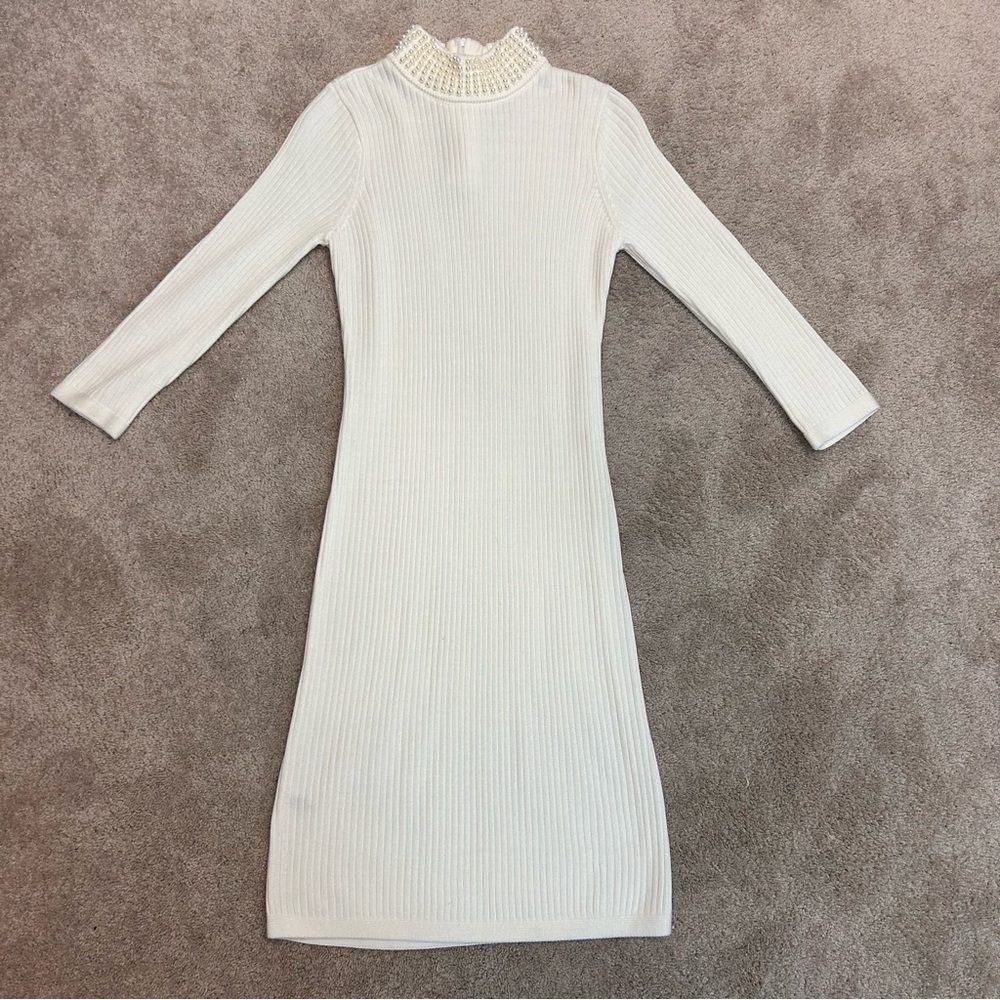 Calvin Klein cream faux Pearl embellished neck ribbed knit dress long sleeve L